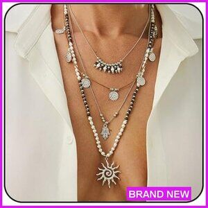 Boho Layered Necklace Set Turquoise Beaded Western Gold Coin Pendant Jewelry